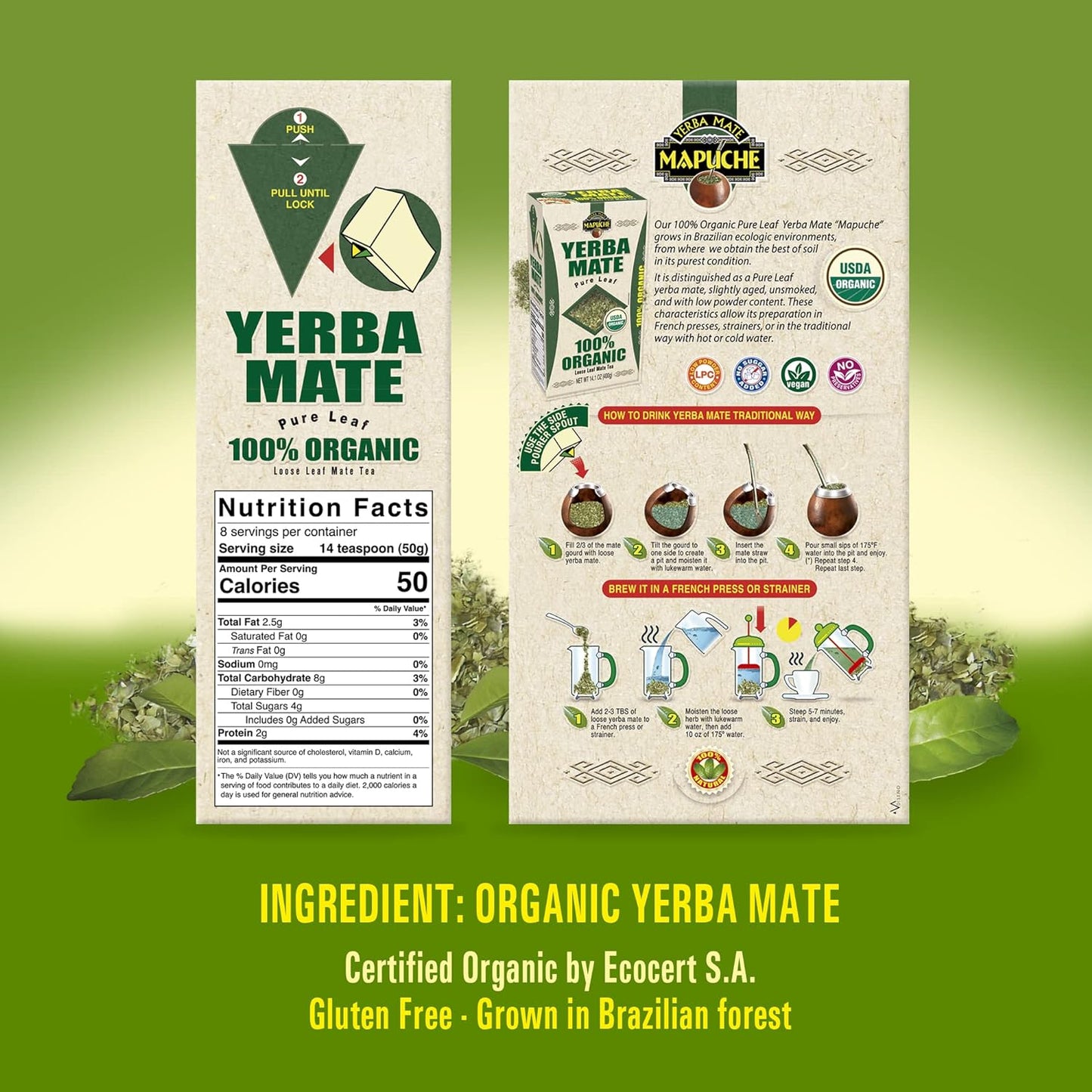 Pure Leaf 100% Organic Yerba Mate (USDA NOP Certified) 14.1oz (400g)